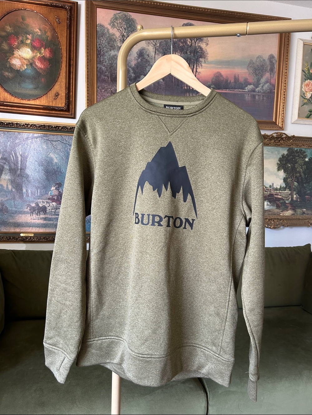 Burton Olive Green Crewneck Sweatshirt with Mountain Logo